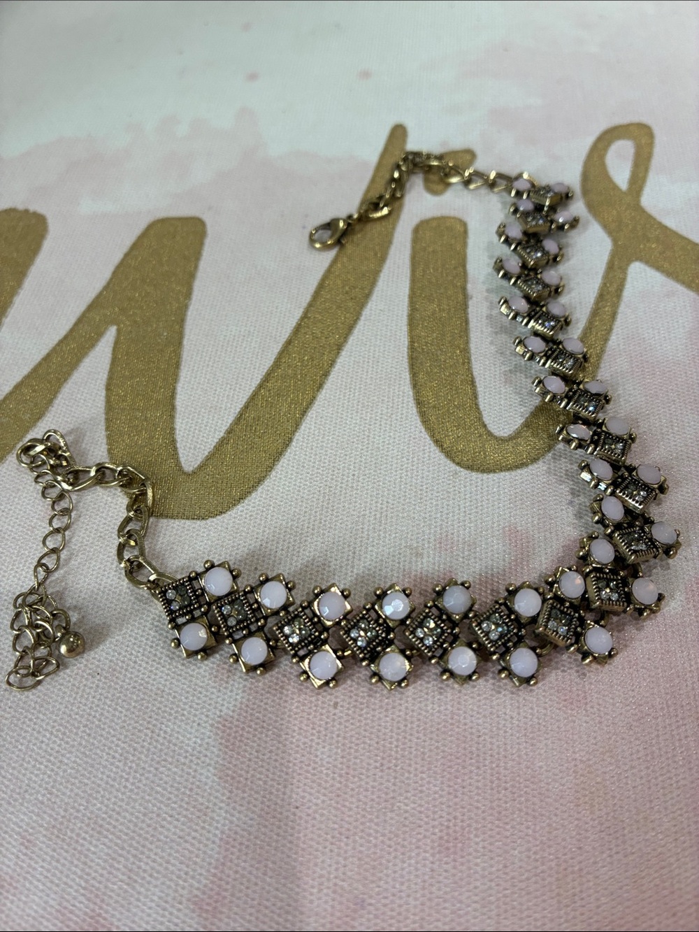 Gold-Tone White Stone Floral Link Choker- Women Jewelry